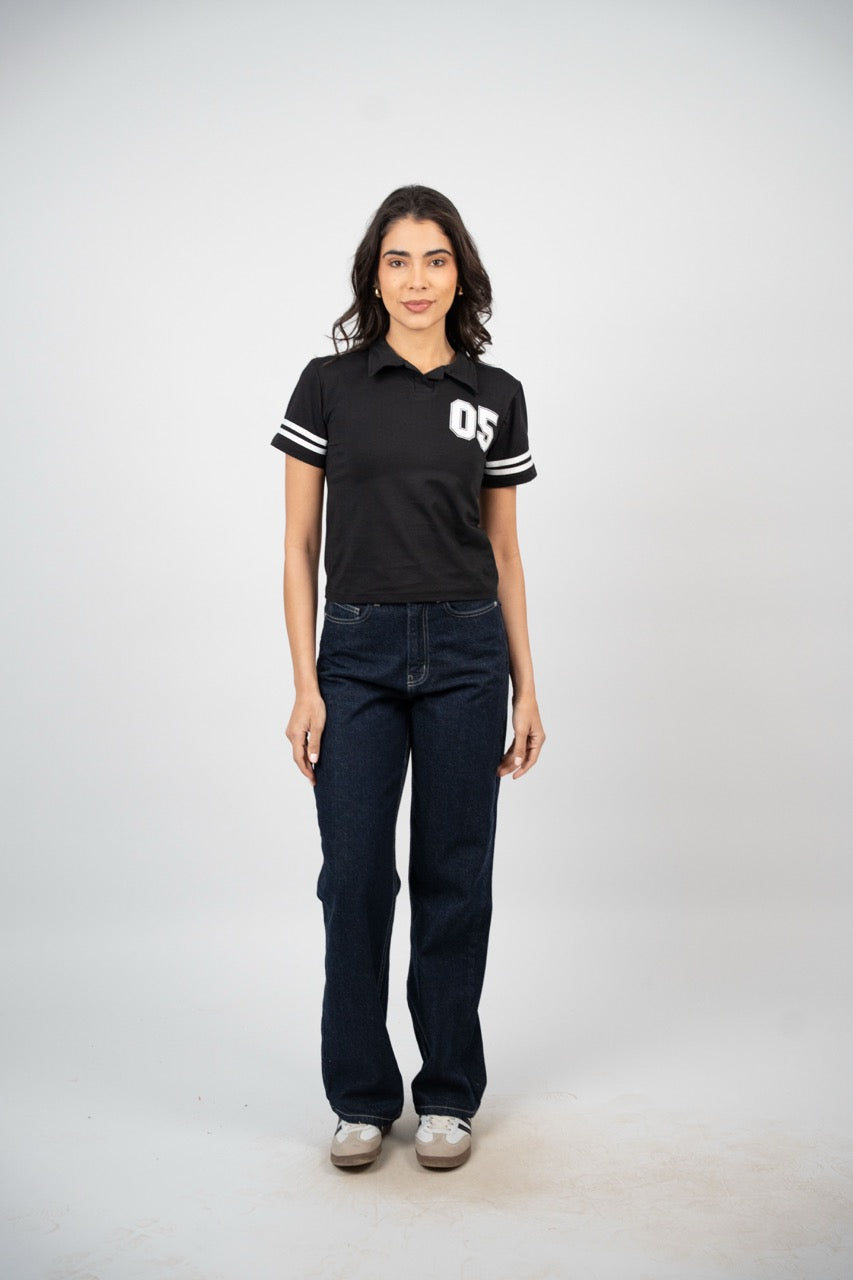 STRIPED SLEEVE POLO CROP TEE