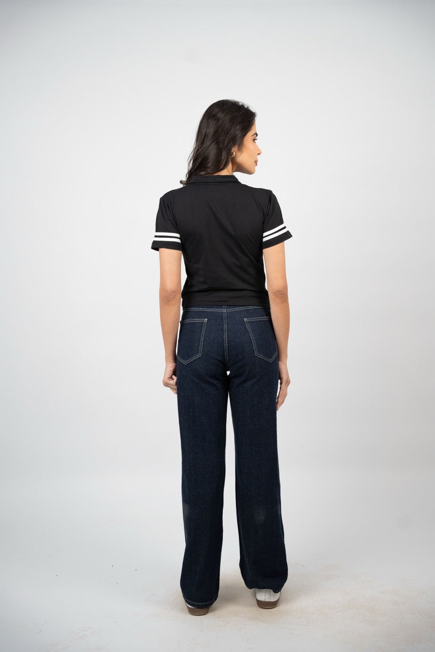 STRIPED SLEEVE POLO CROP TEE