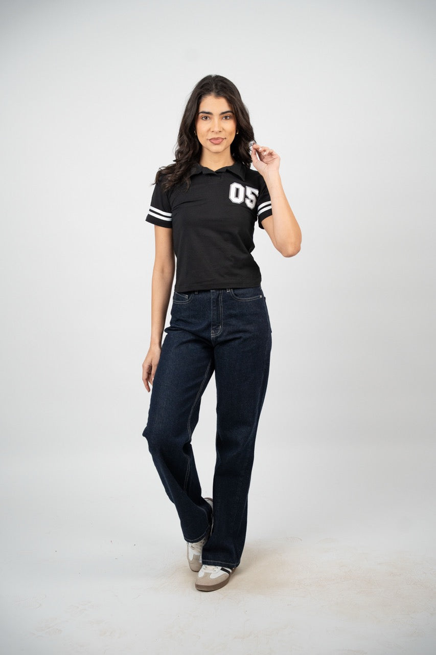 STRIPED SLEEVE POLO CROP TEE