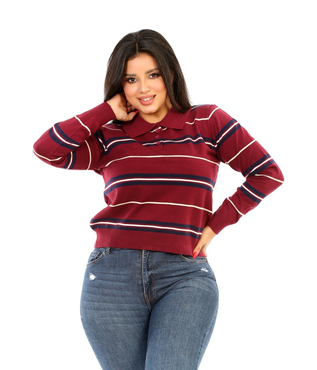Varsity Stripe Polo Blouse - Burgundy
