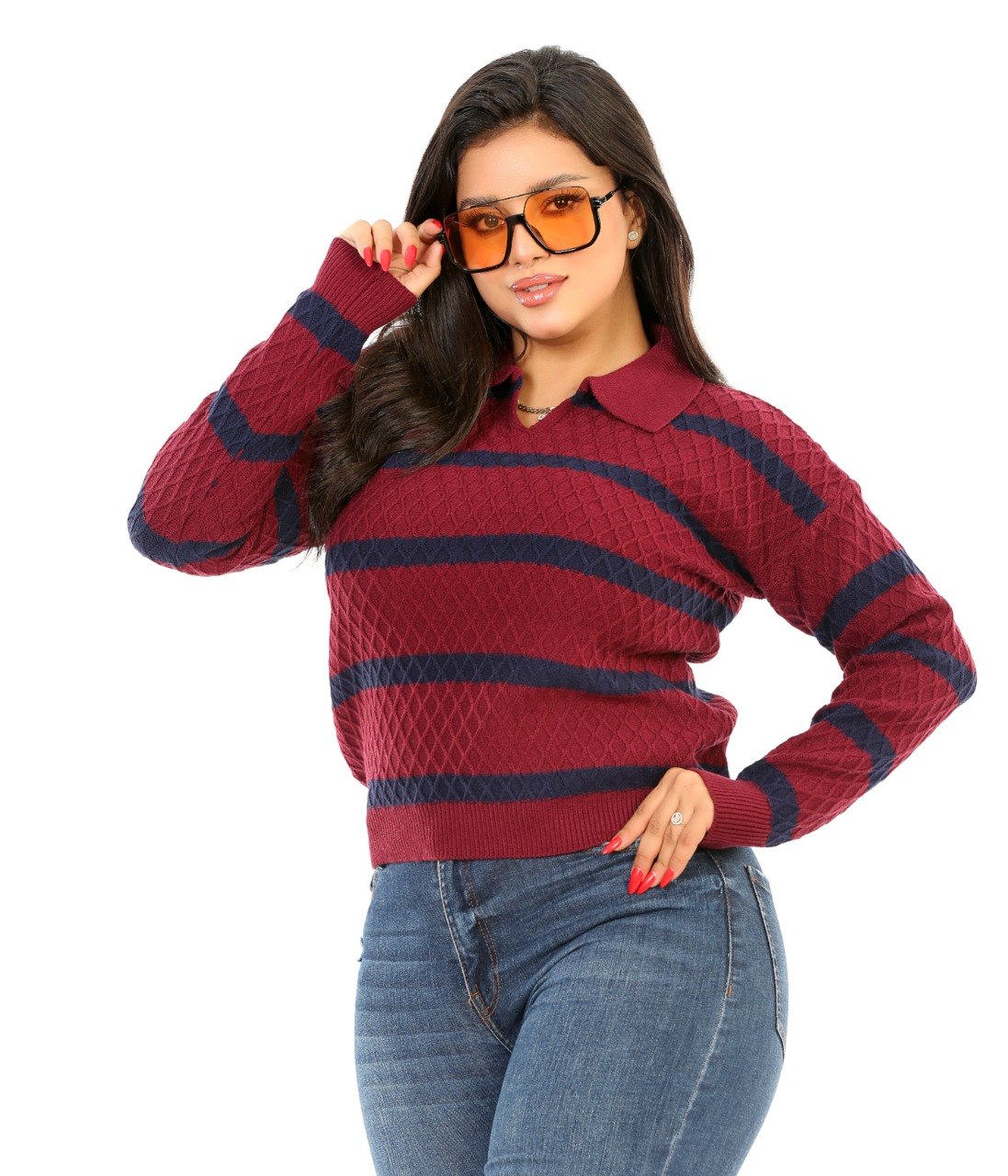 Textured Stripe Open Collar Blouse - Burgundy