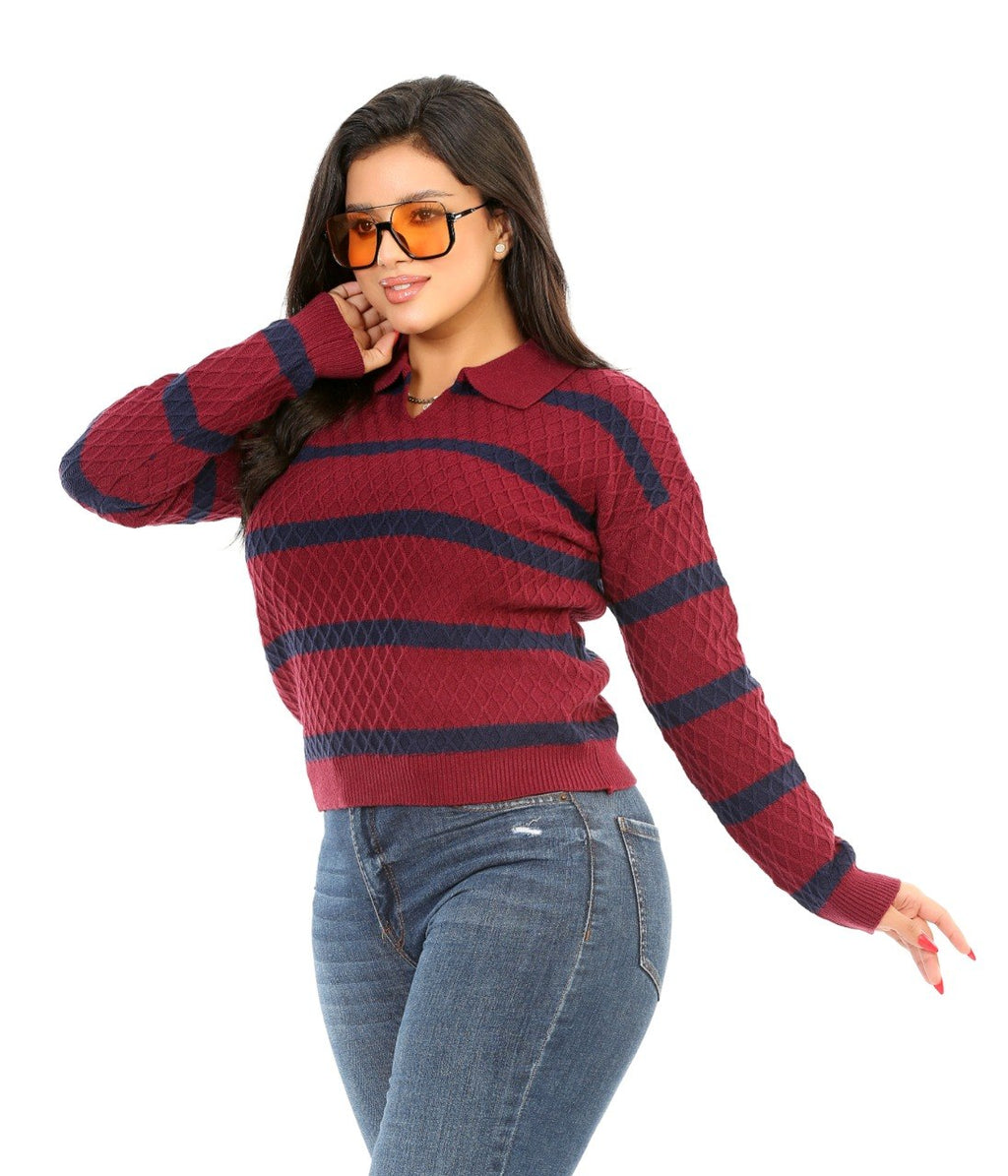 Textured Stripe Open Collar Blouse - Burgundy