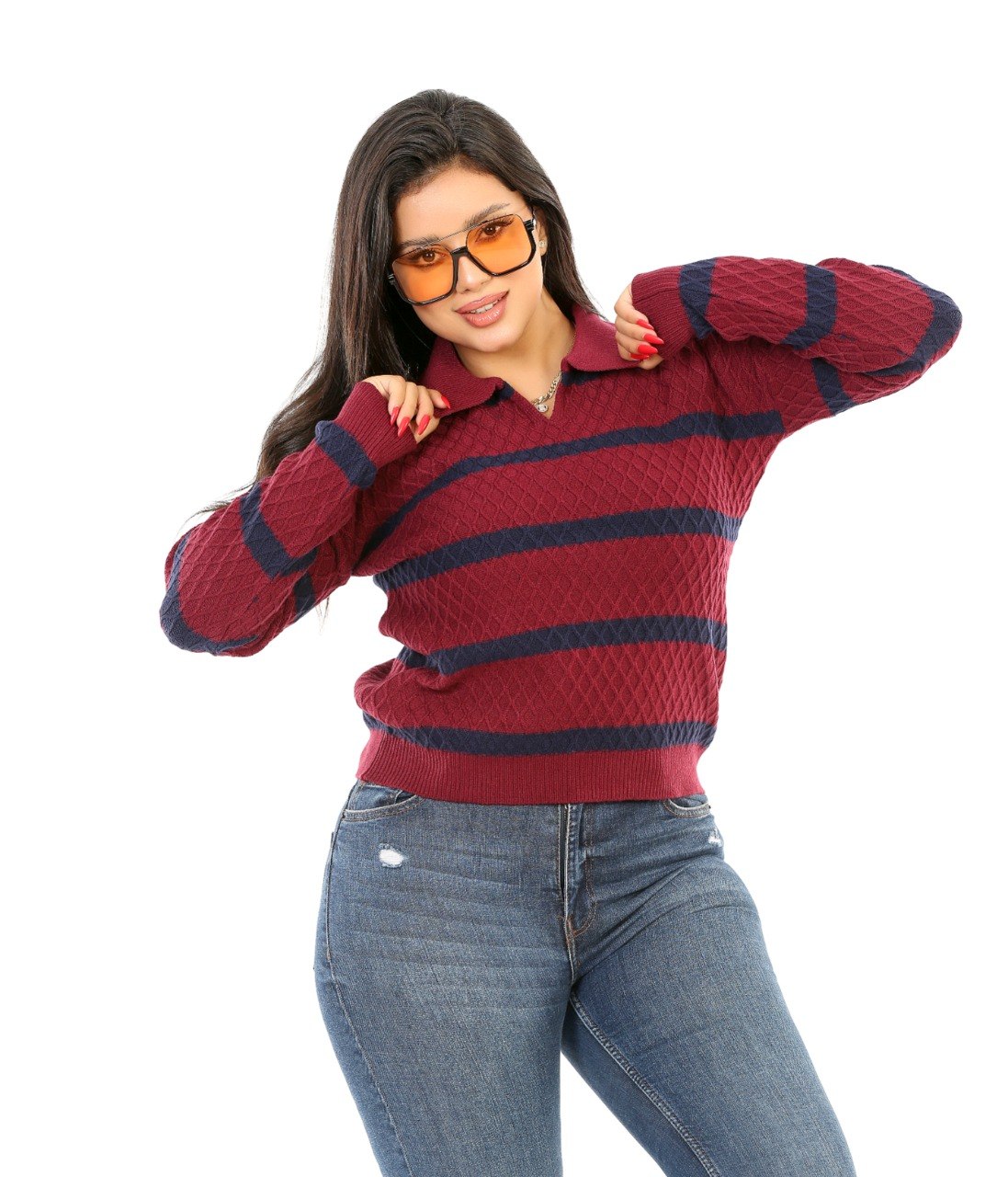 Textured Stripe Open Collar Blouse - Burgundy