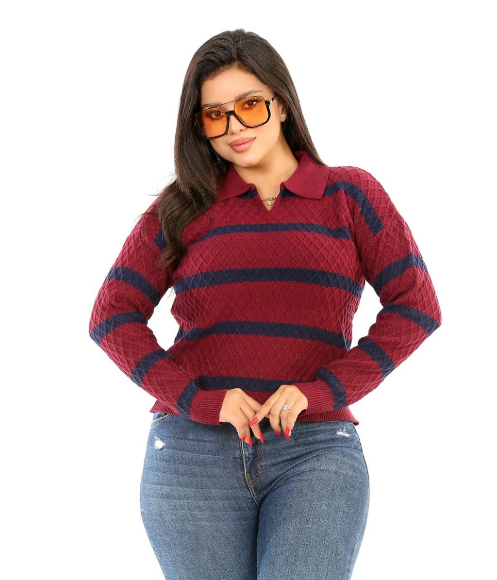 Textured Stripe Open Collar Blouse - Burgundy