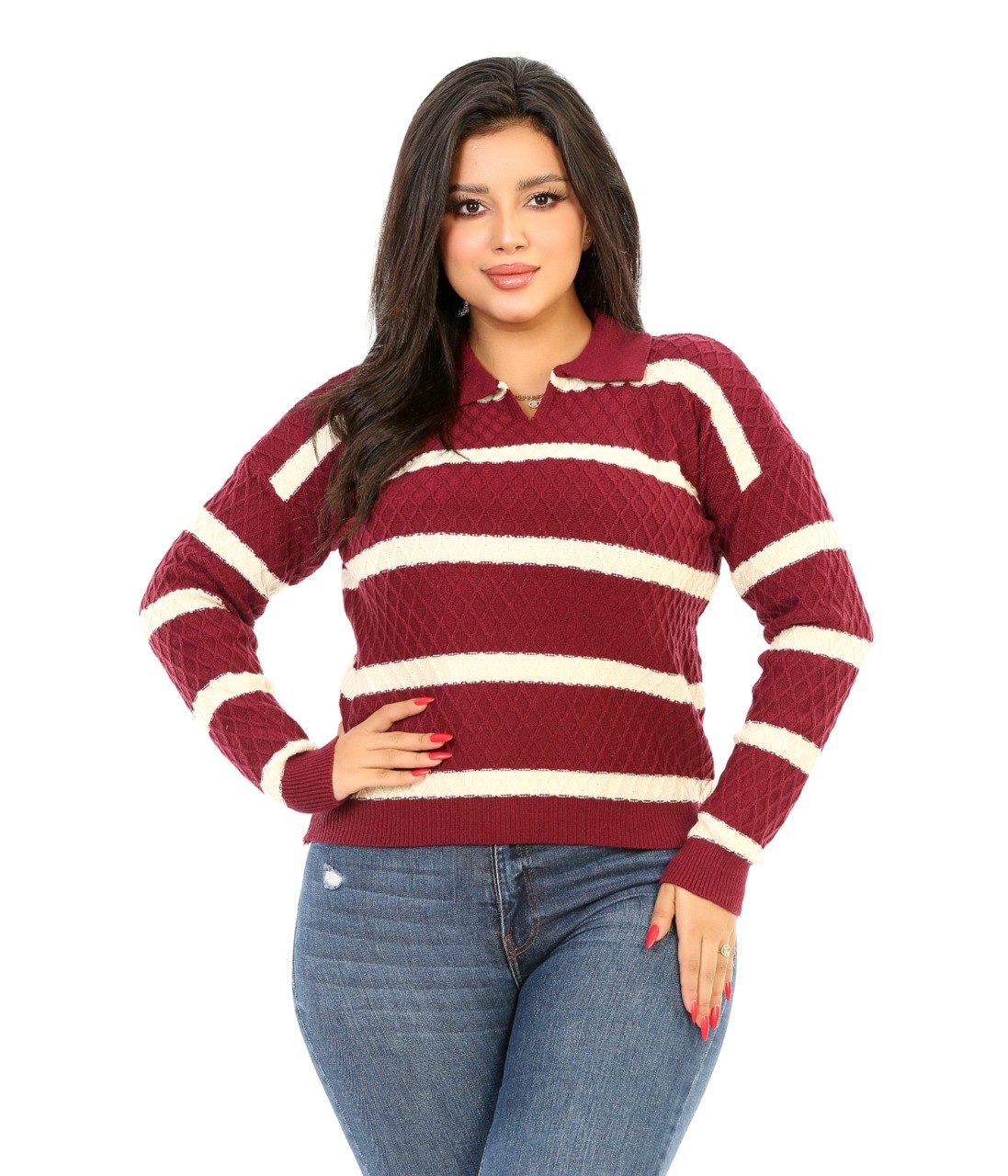 Textured Stripe Open Collar Blouse - Cream