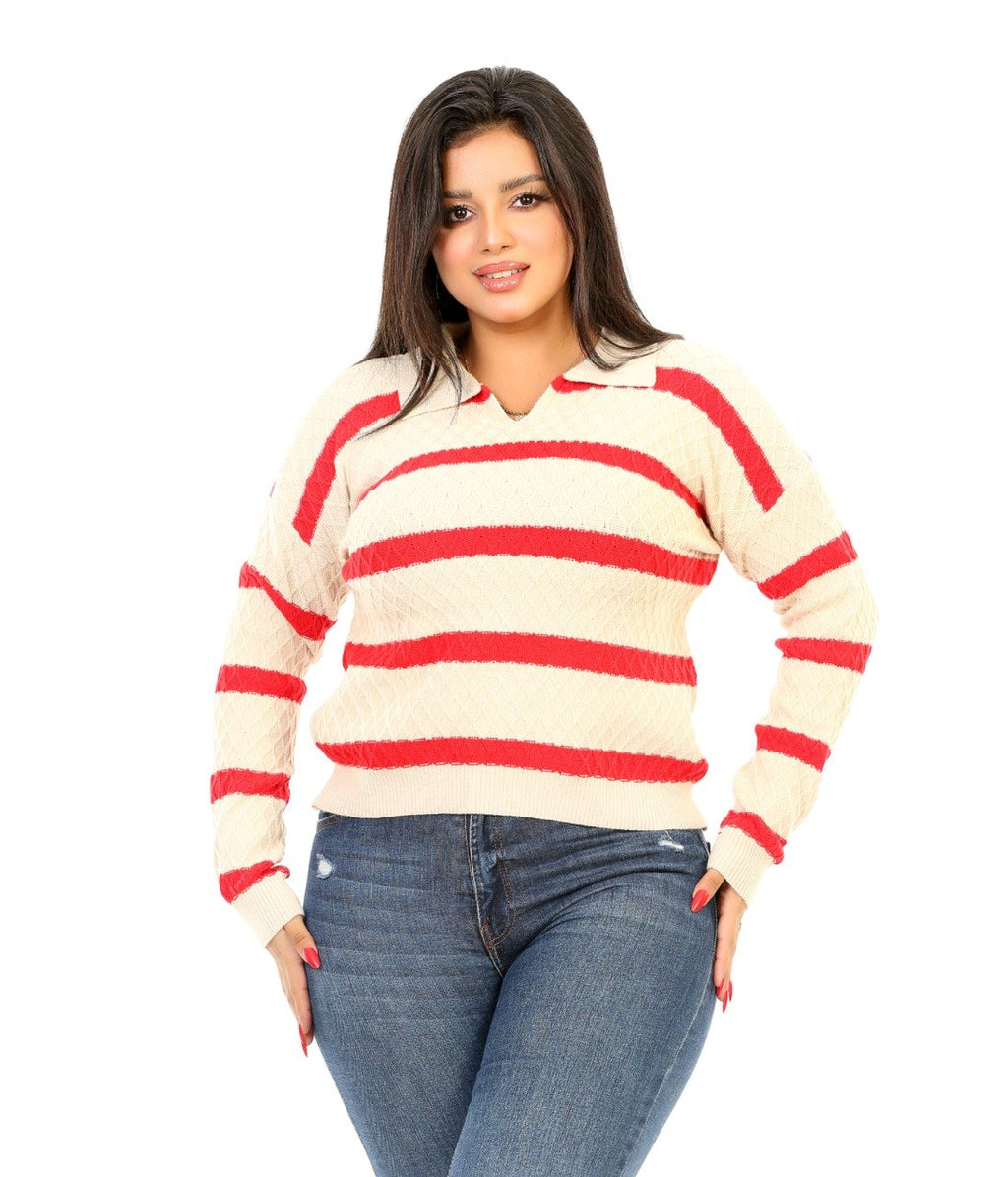 Textured Stripe Open Collar Blouse - Red