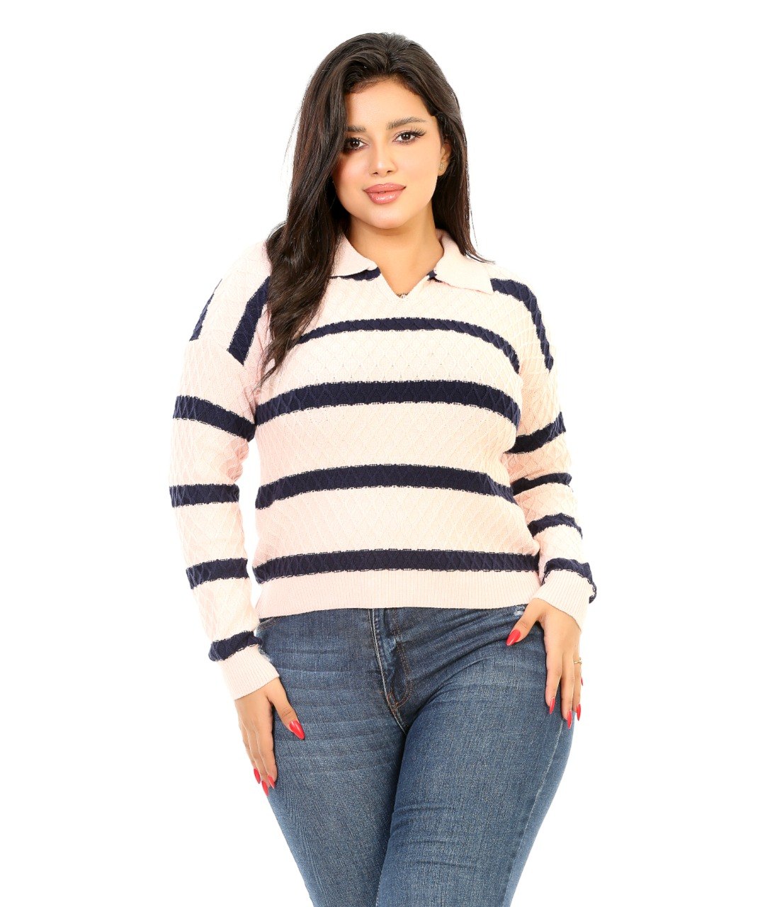 Textured Stripe Open Collar Blouse - Navy