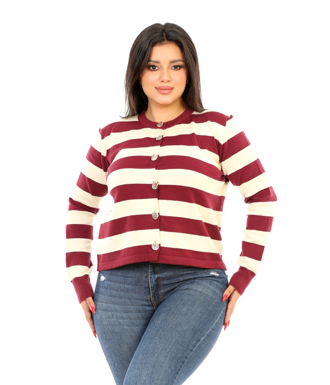 Button Front Stripe Knit Blouse - Burgundy