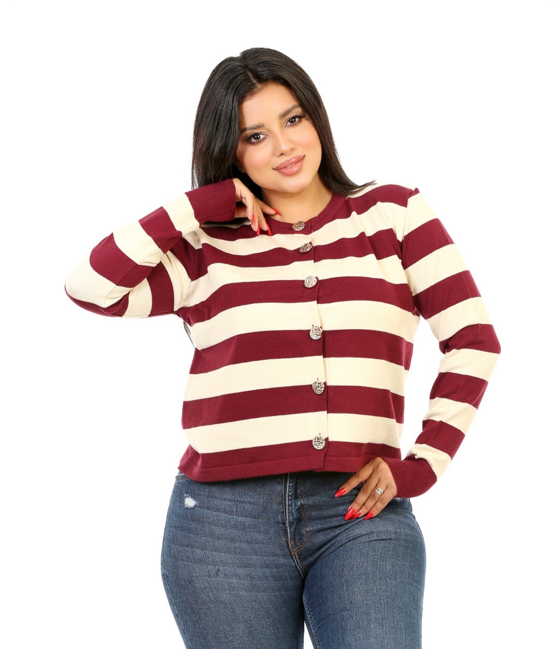 Button Front Stripe Knit Blouse - Burgundy