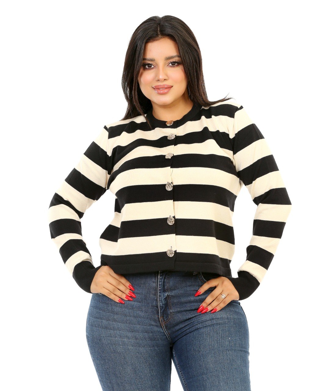 Button Front Stripe Knit Blouse - Black