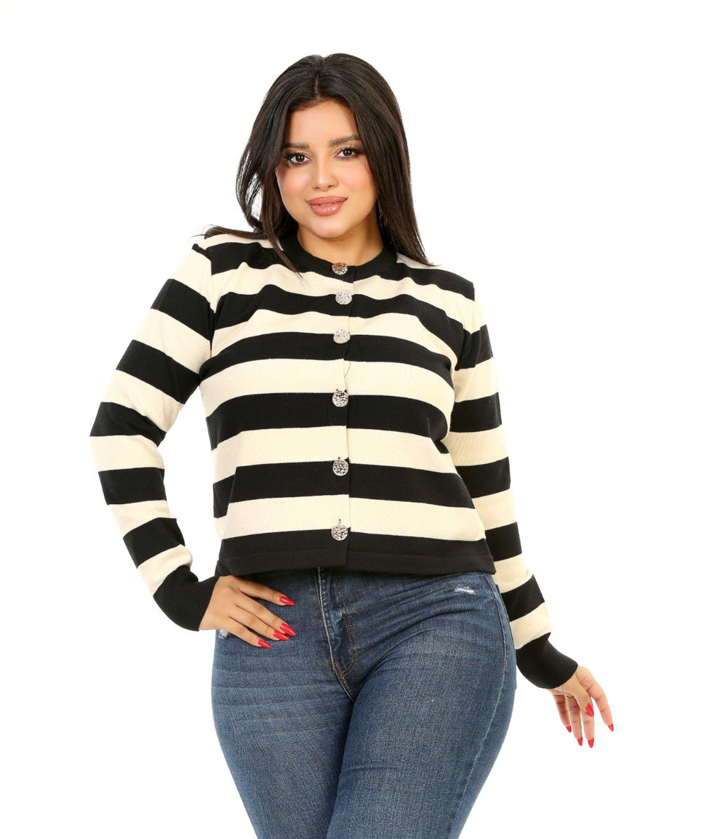 Button Front Stripe Knit Blouse - Black