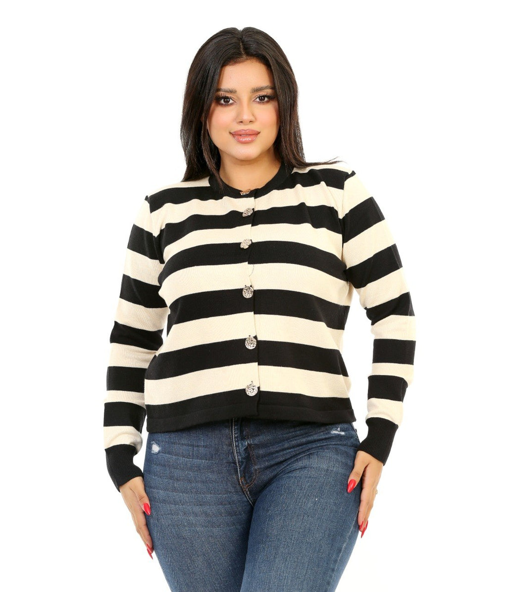 Button Front Stripe Knit Blouse - Black