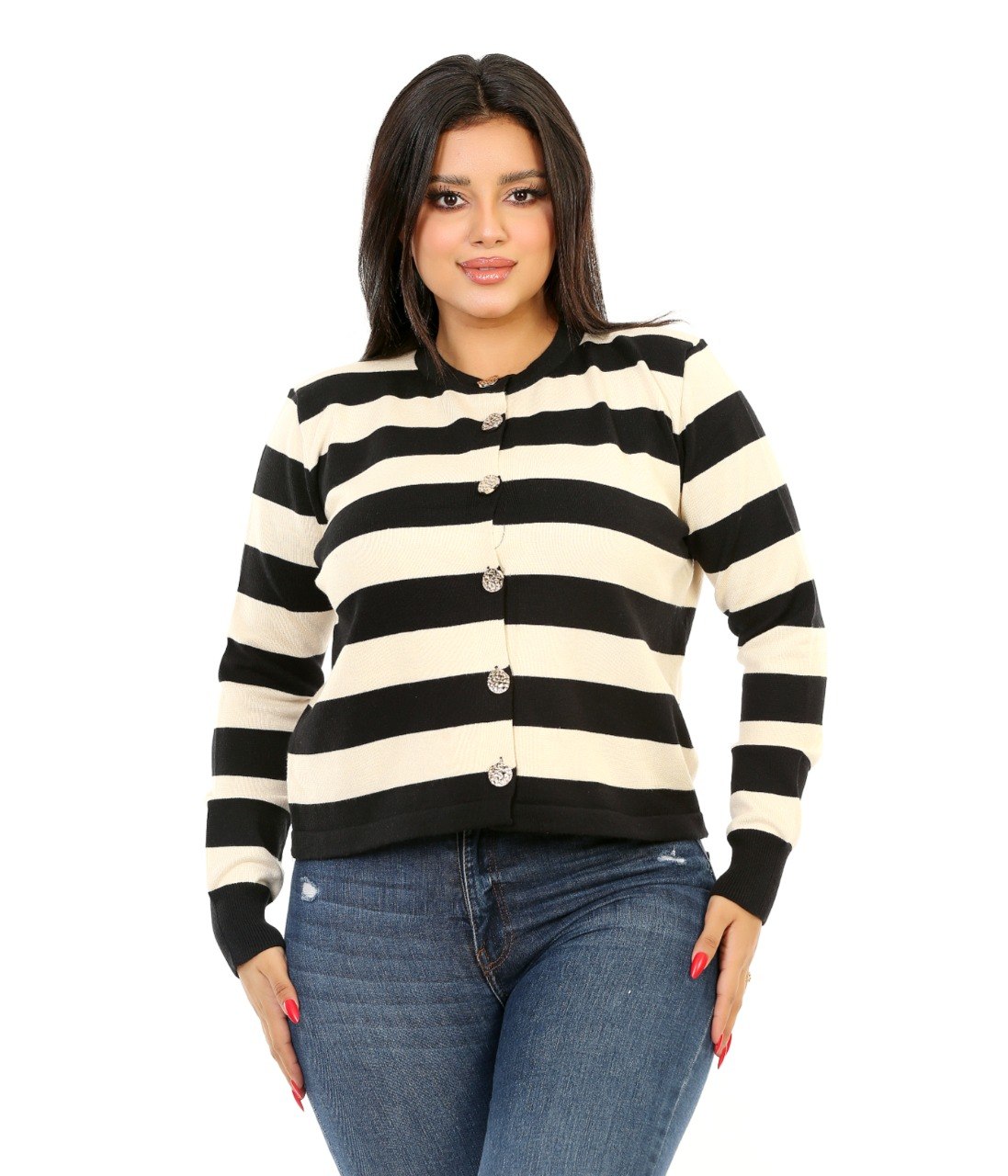 Button Front Stripe Knit Blouse - Black