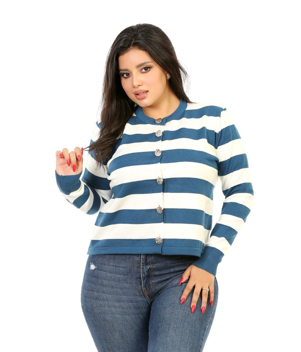 Button Front Stripe Knit Blouse - Blue