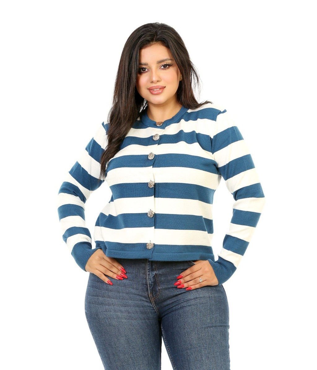 Button Front Stripe Knit Blouse - Blue