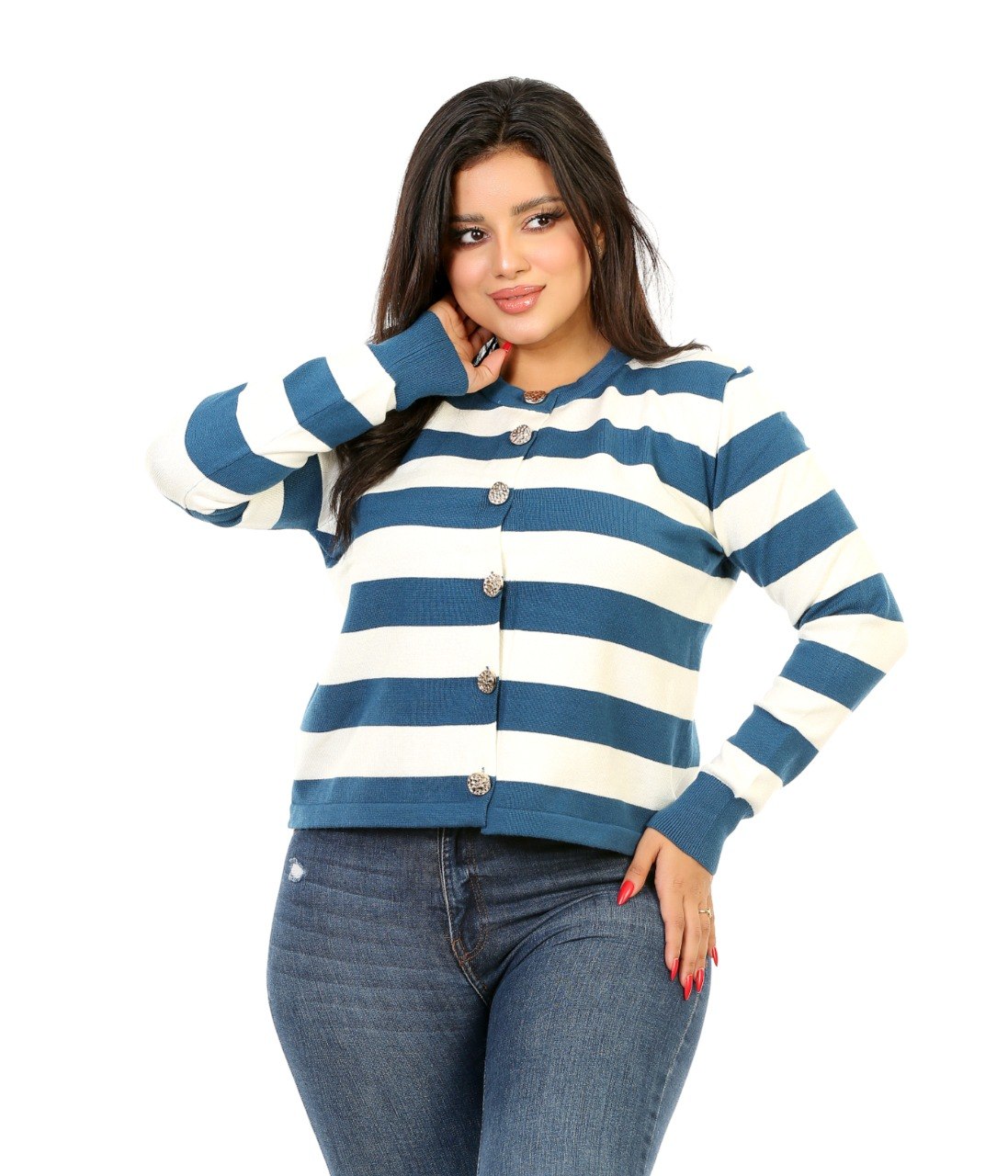 Button Front Stripe Knit Blouse - Blue