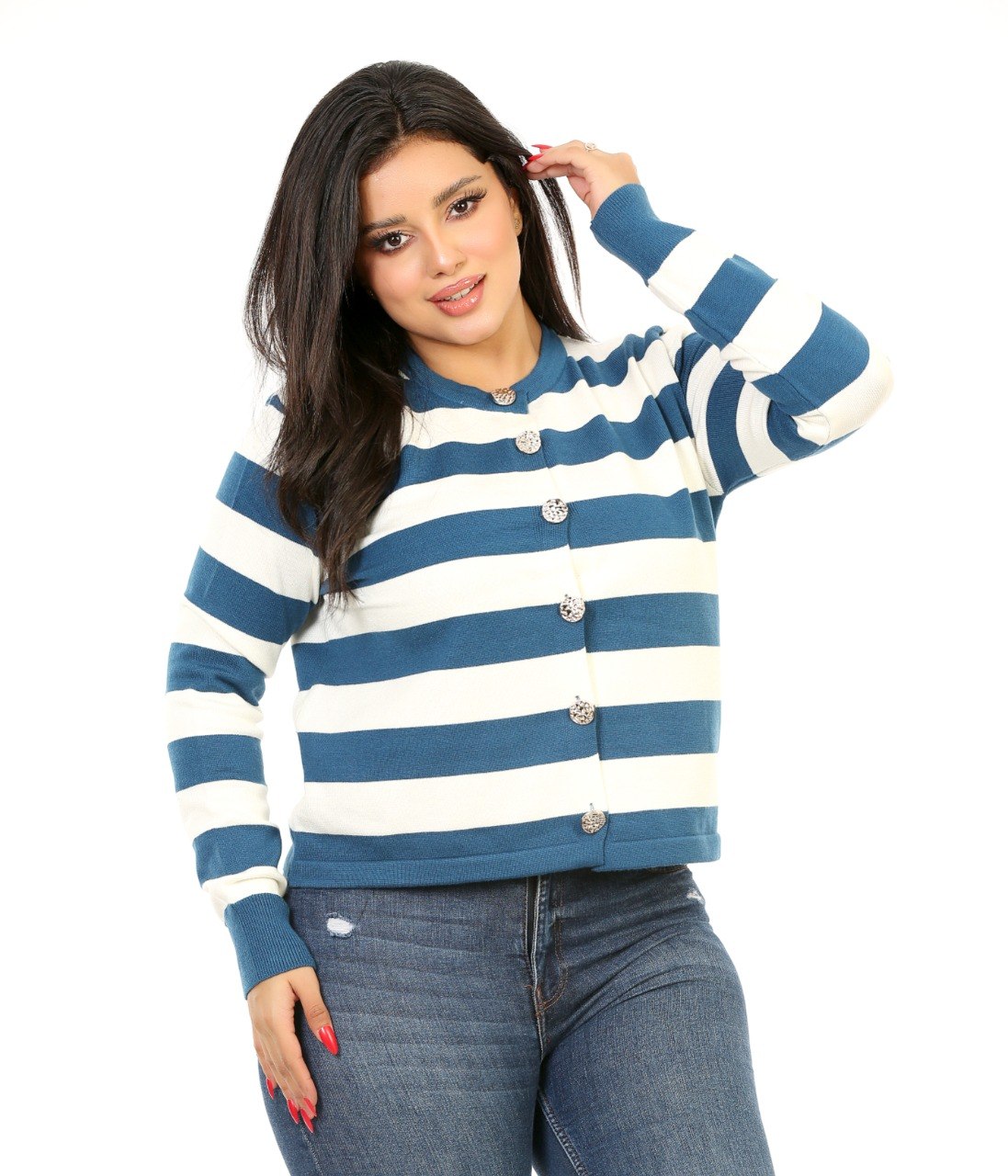 Button Front Stripe Knit Blouse - Blue