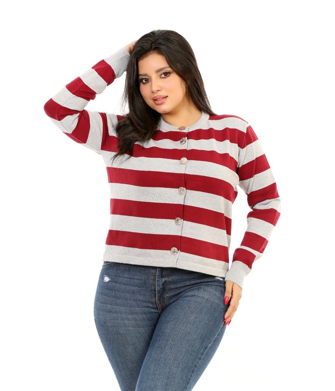 Button Front Stripe Knit Blouse - Light Gray