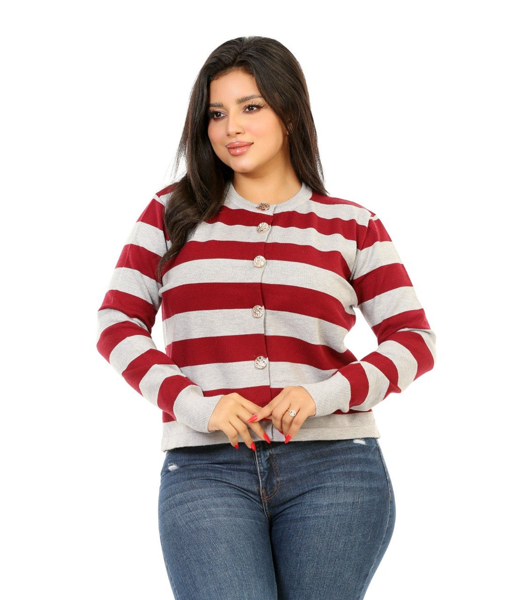 Button Front Stripe Knit Blouse - Light Gray