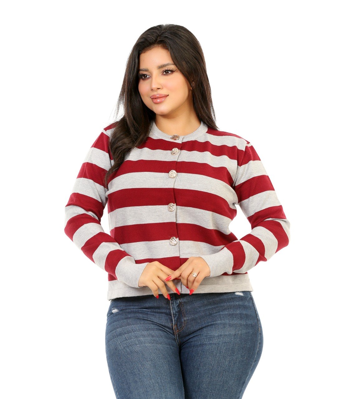 Button Front Stripe Knit Blouse - Light Gray