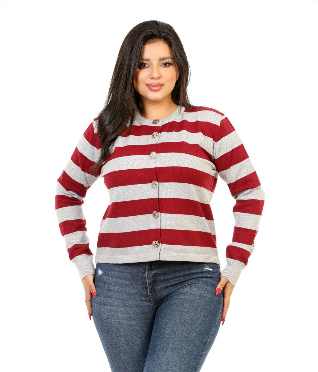 Button Front Stripe Knit Blouse - Light Gray