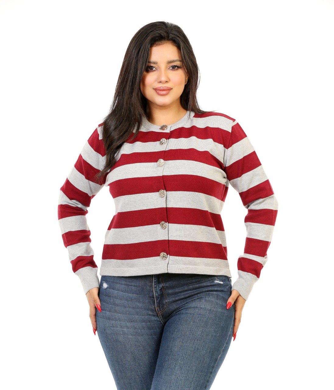 Button Front Stripe Knit Blouse - Light Gray
