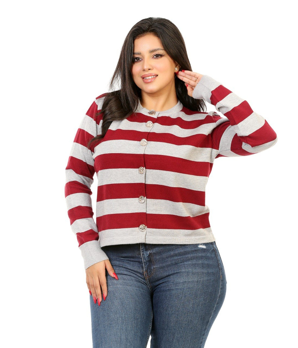 Button Front Stripe Knit Blouse - Light Gray