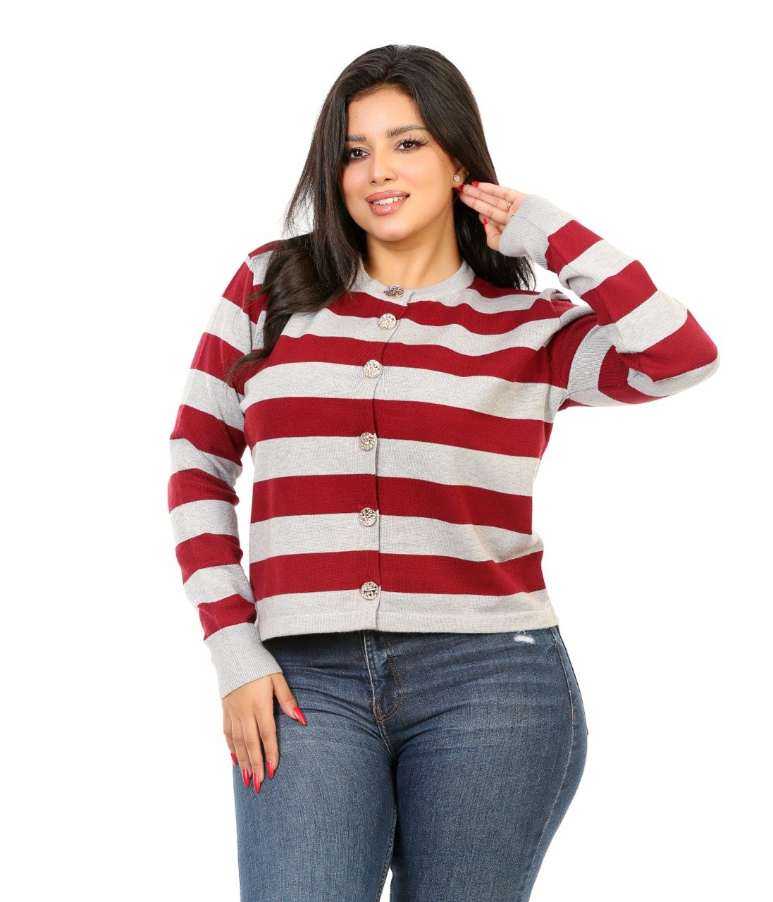 Button Front Stripe Knit Blouse - Light Gray