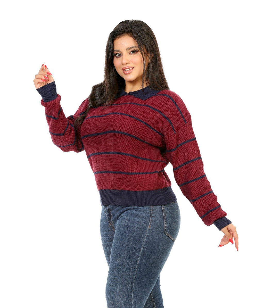 Contrast Collar Stripe Blouse - Burgundy