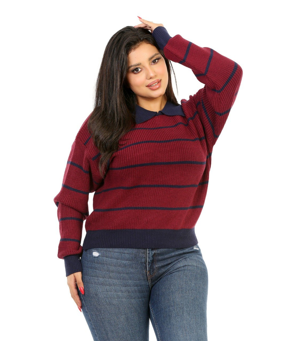 Contrast Collar Stripe Blouse - Burgundy