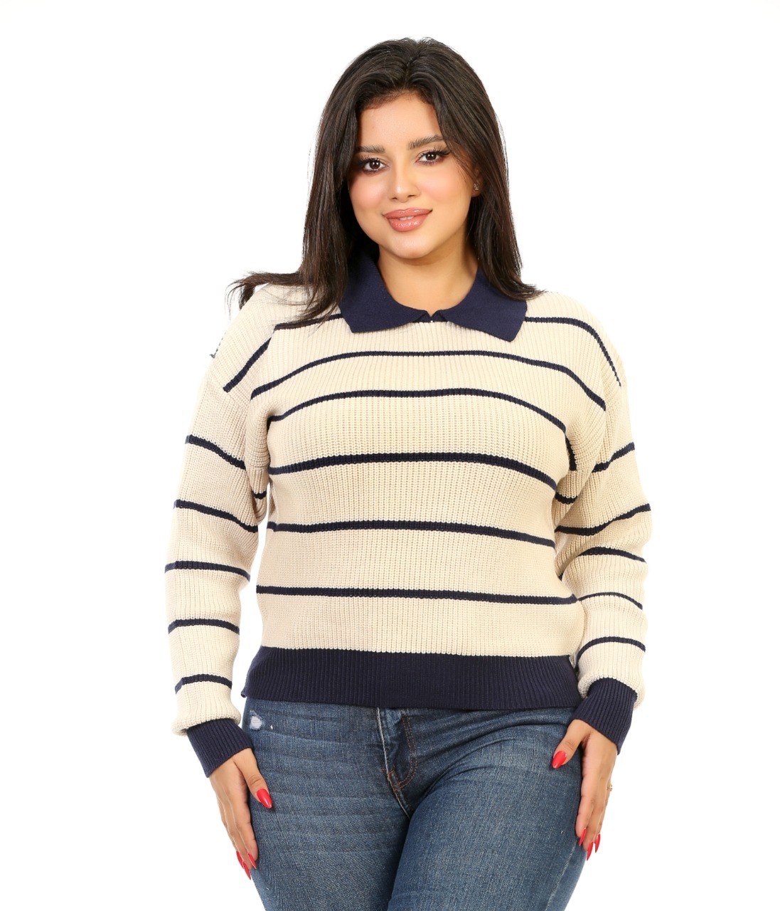 Contrast Collar Stripe Blouse - Cream