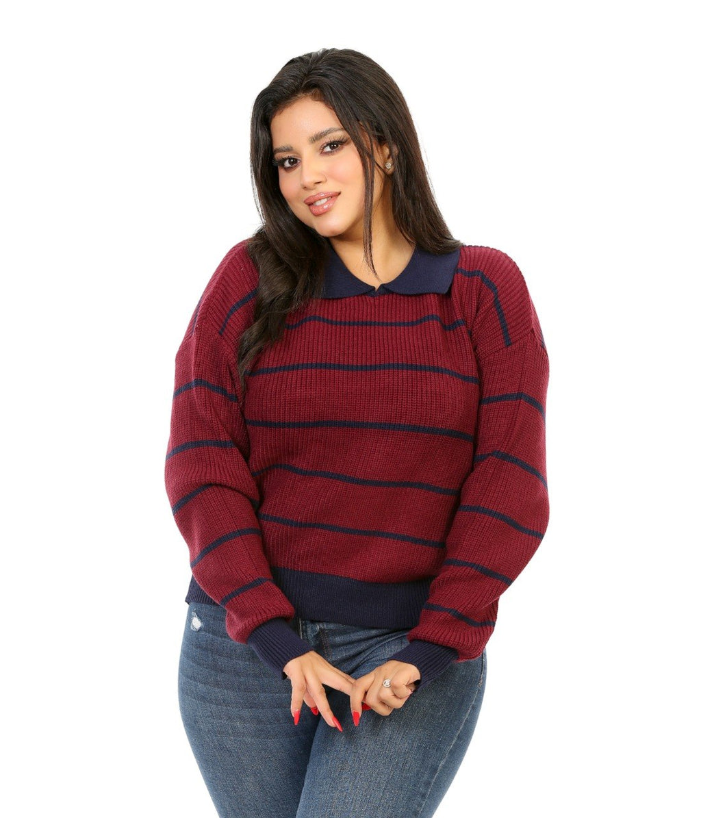 Contrast Collar Stripe Blouse - Burgundy