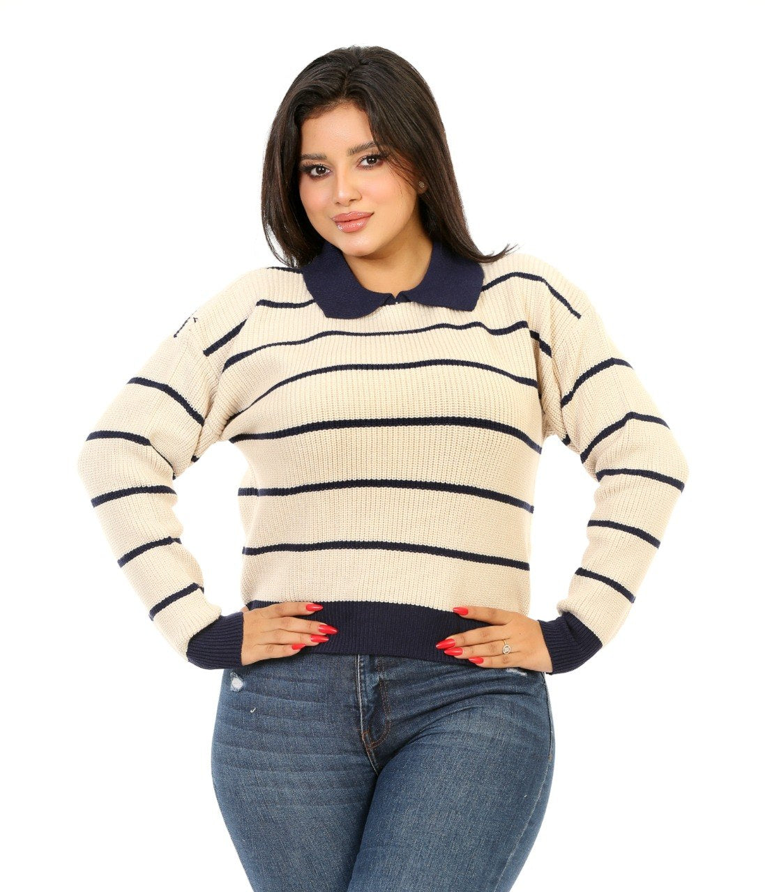Contrast Collar Stripe Blouse - Cream