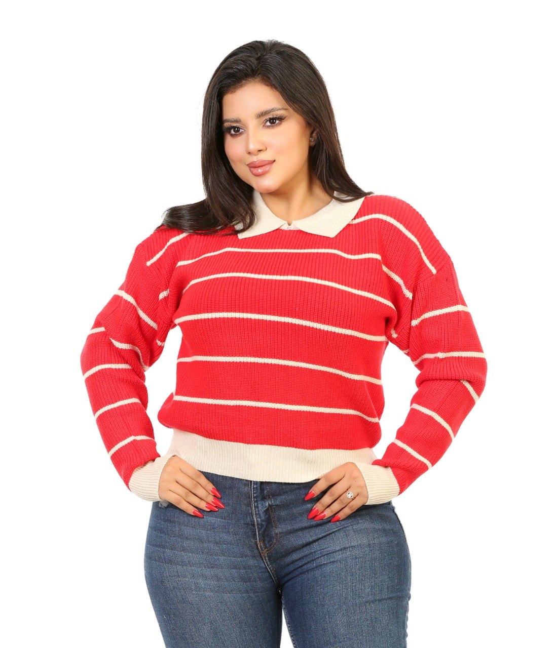 Contrast Collar Stripe Blouse - Red
