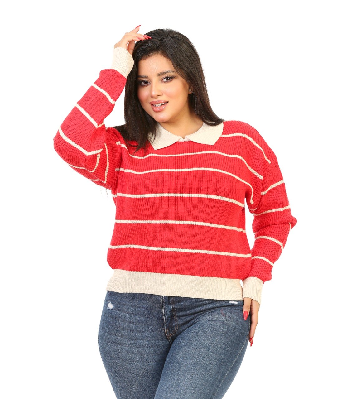 Contrast Collar Stripe Blouse - Red