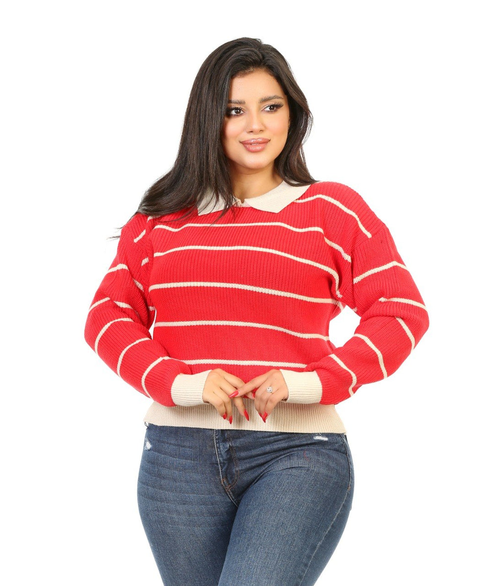 Contrast Collar Stripe Blouse - Red