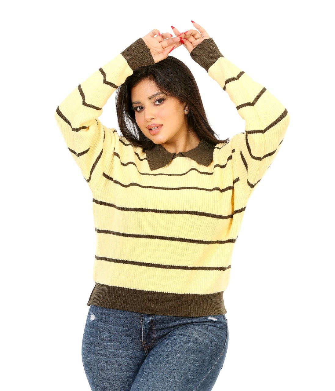 Contrast Collar Stripe Blouse - Yellow