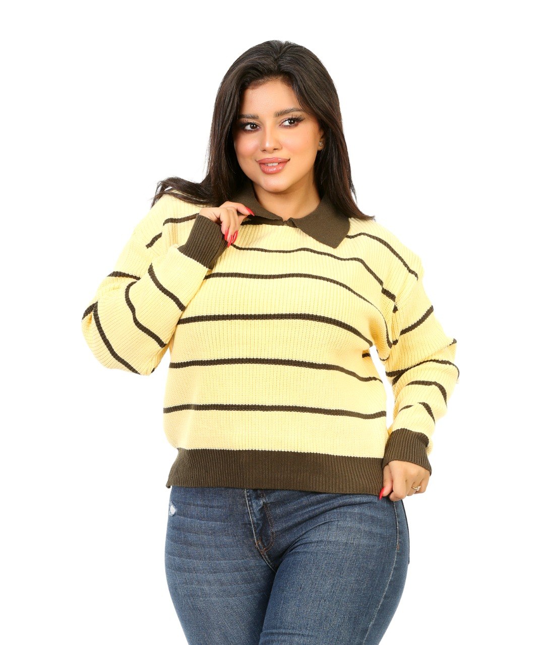 Contrast Collar Stripe Blouse - Yellow
