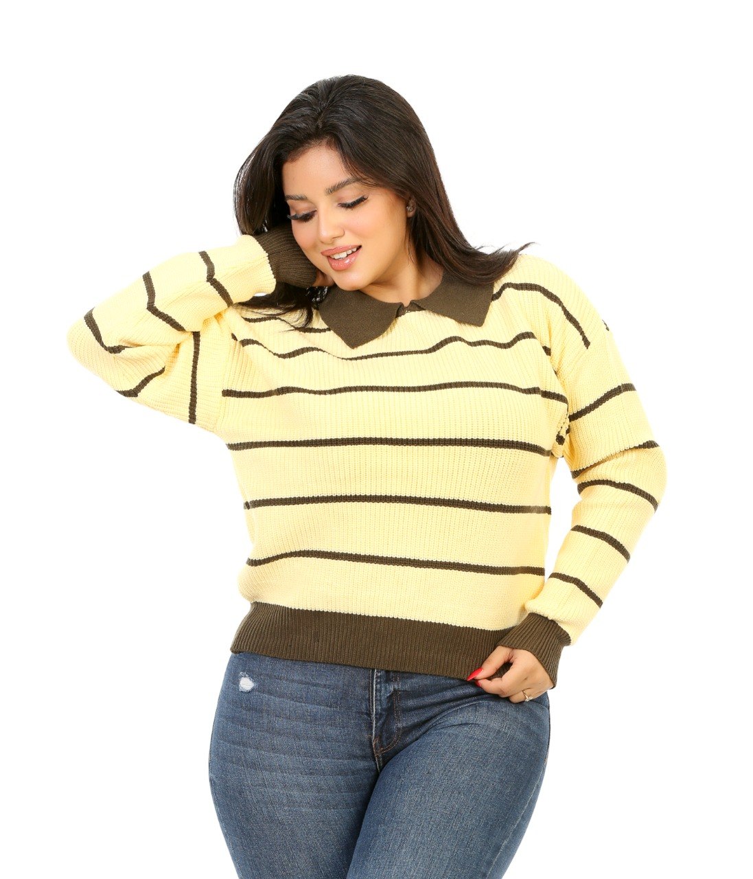 Contrast Collar Stripe Blouse - Yellow