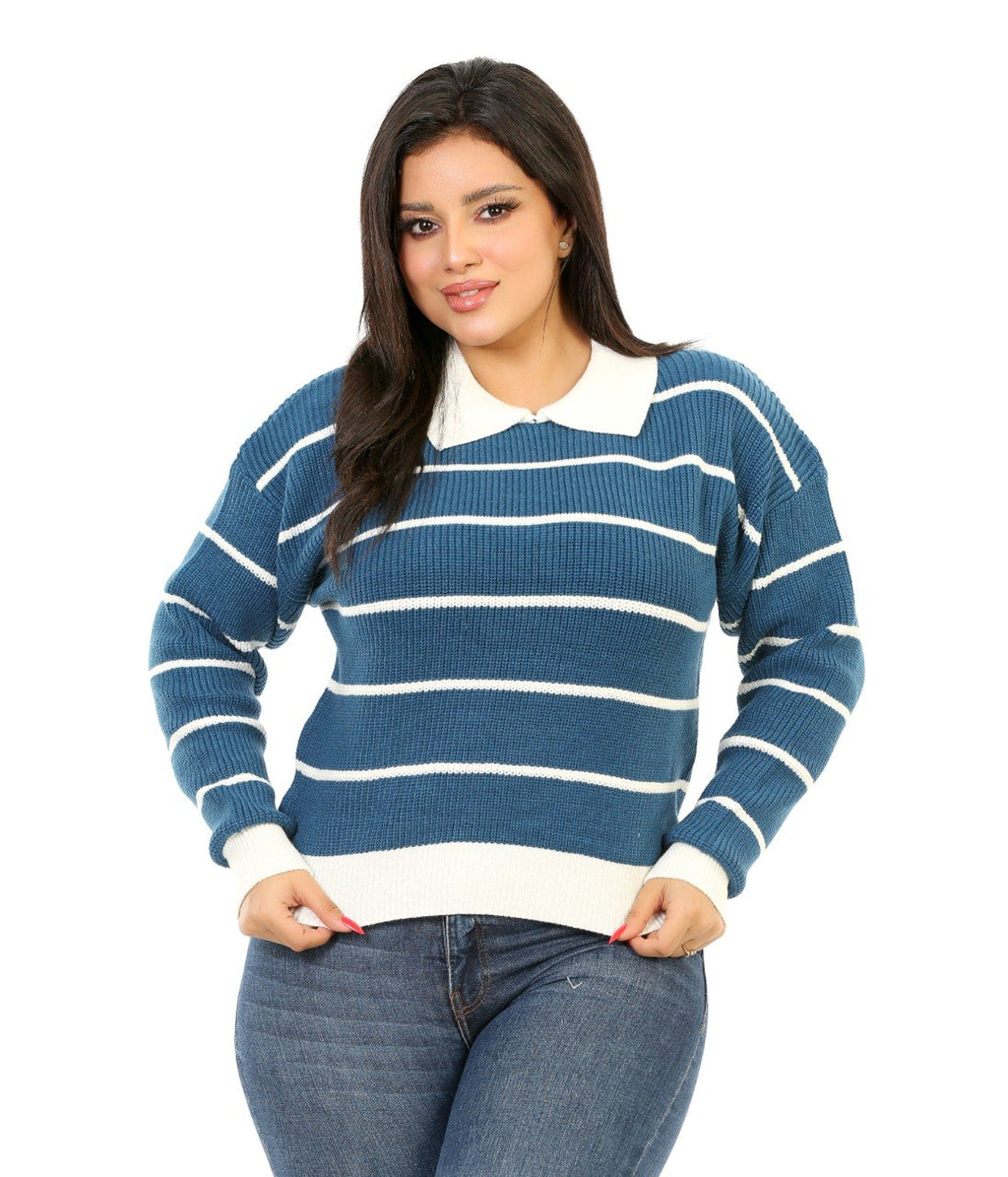 Contrast Collar Stripe Blouse - Blue