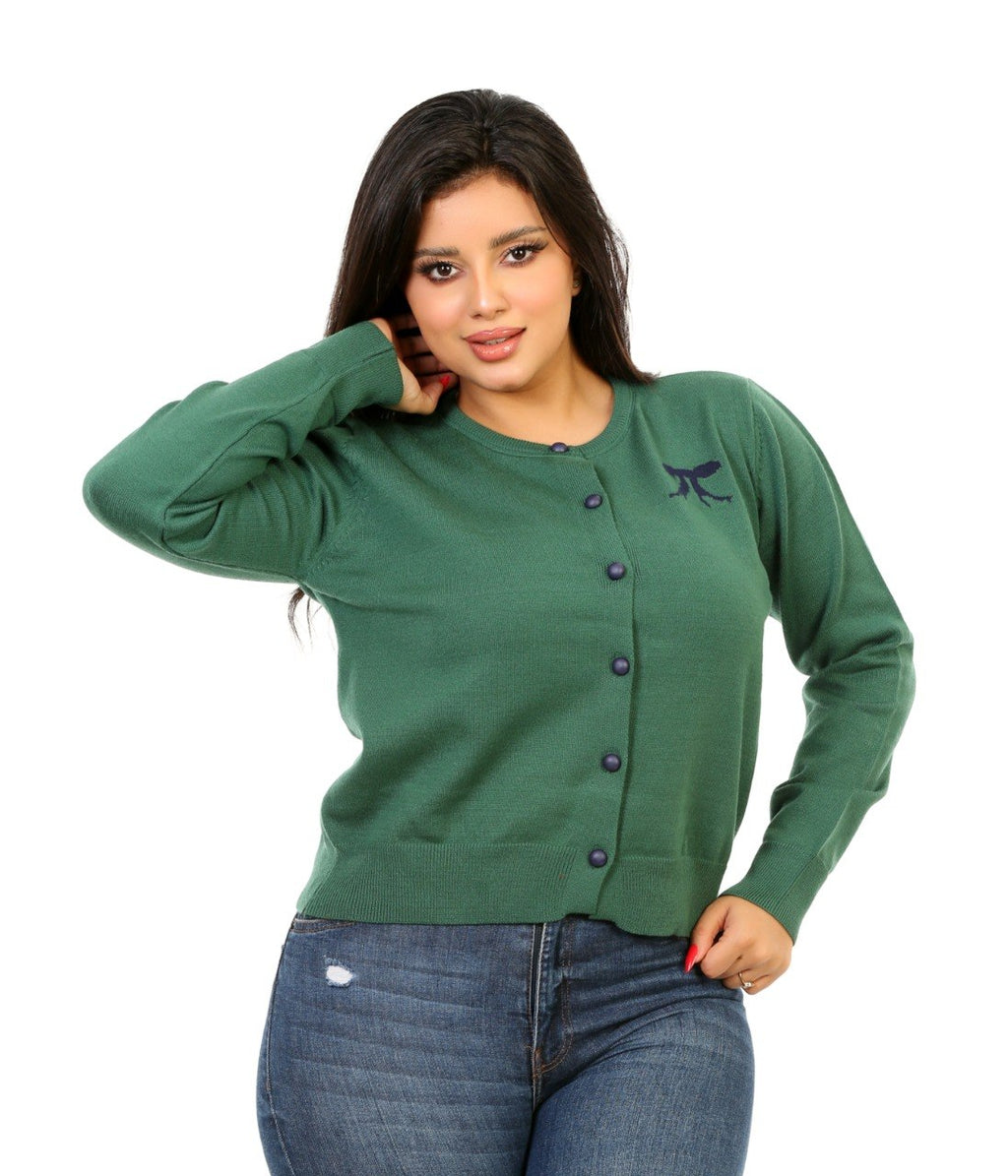 Bow Detail Button Knit Blouse - Dark Green