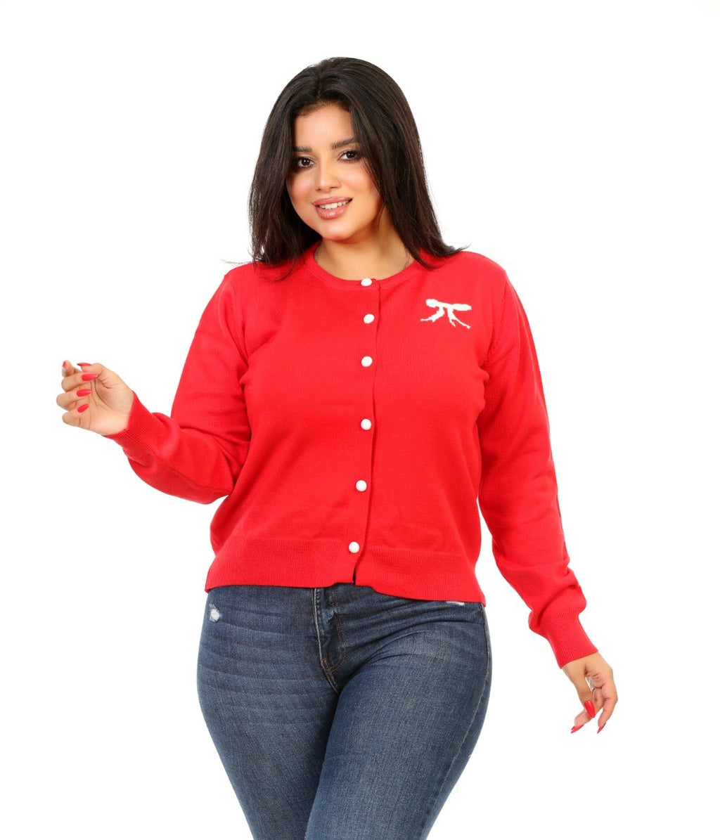 Bow Detail Button Knit Blouse - Red