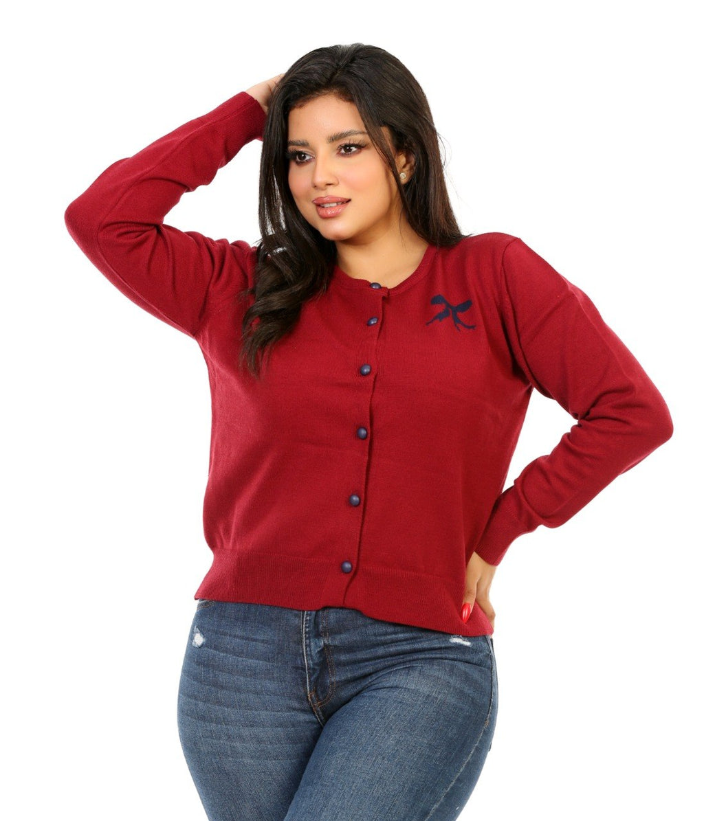 Bow Detail Button Knit Blouse - Burgundy