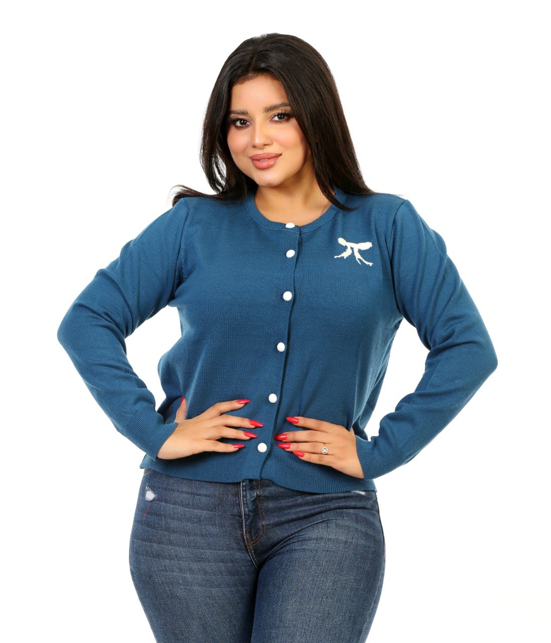 Bow Detail Button Knit Blouse - Blue