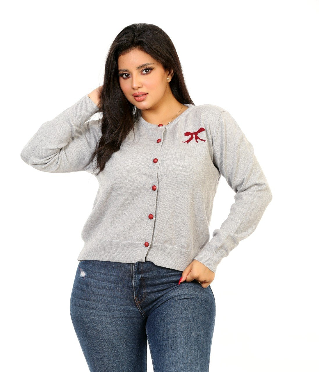 Bow Detail Button Knit Blouse - Light Gray