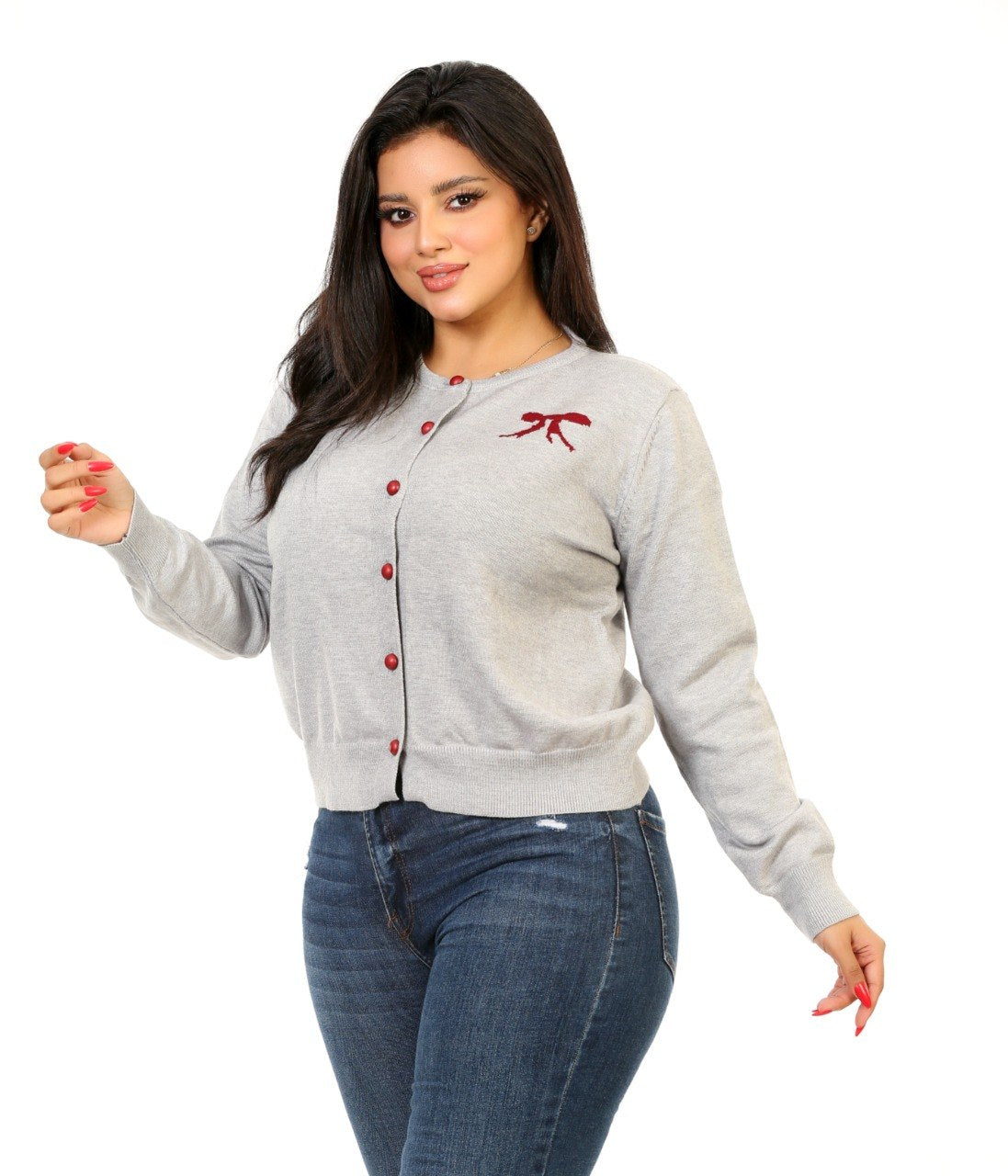 Bow Detail Button Knit Blouse - Light Gray