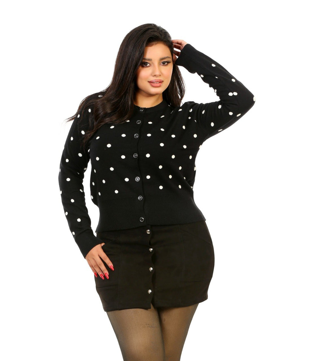 Polka Dot Button Knit Blouse - Black