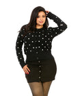 Polka Dot Button Knit Blouse - Black