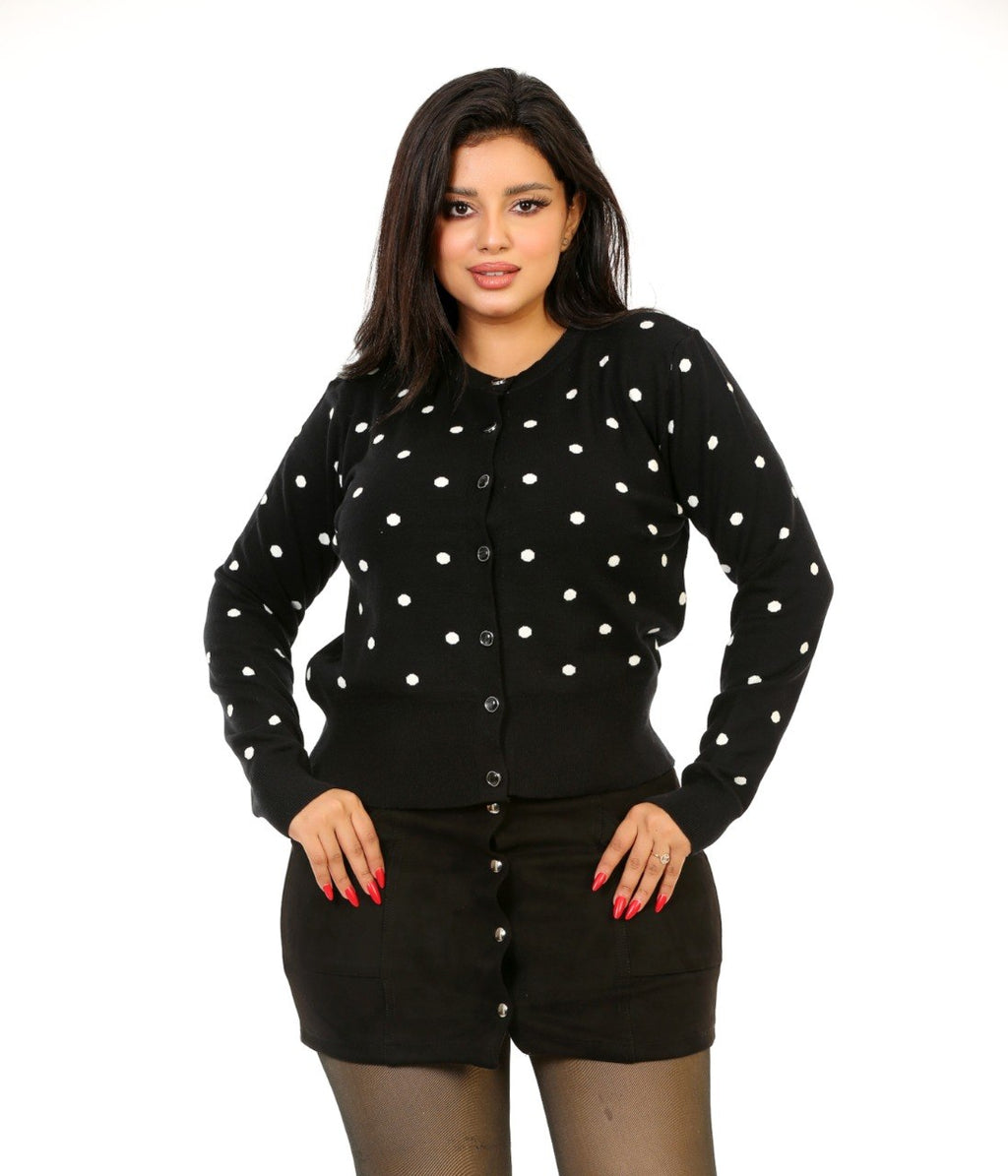 Polka Dot Button Knit Blouse - Black