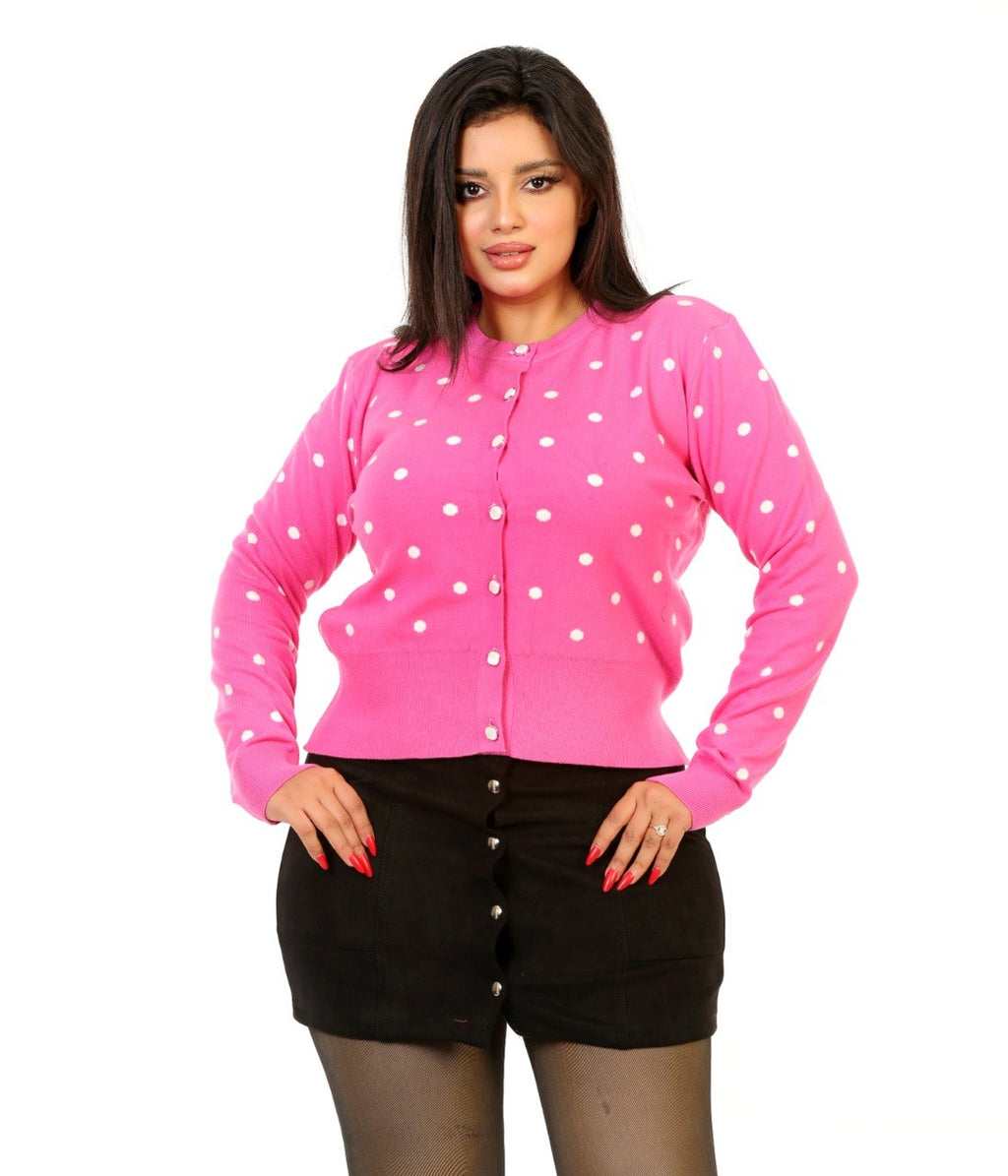Polka Dot Button Knit Blouse - Pink